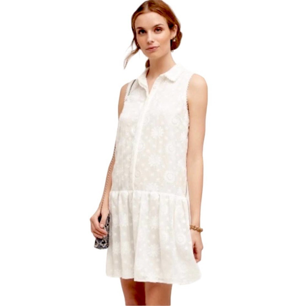 Maeve Anthropologie White Floral Lace Sleeveless Drop Wasit Flared Mini Dress M